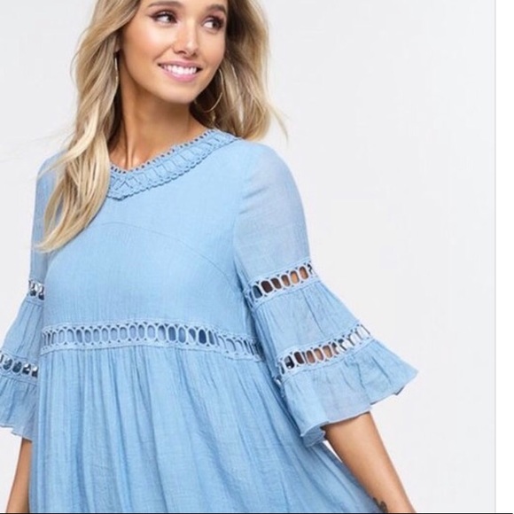 Bell sleeve ruffle crochet detail babydoll dress - Picture 4 of 7
